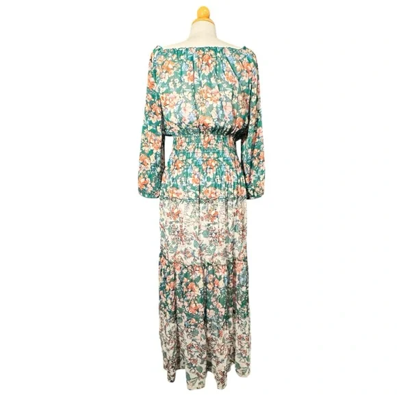 fig and flower Sheer Floral Tiered Maxi Dress in Green, White, & Orange - Picture 2 of 12
